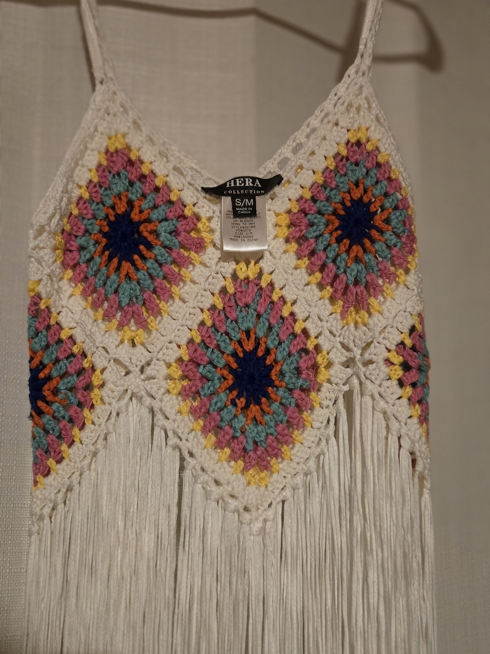 Boho-Chic Hera Crochet Fringe Tank Top with Multicolor Diamond Motif
